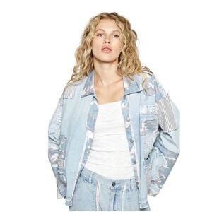 POL Patchwork Denim Jacket Camo Lace Stripe Distressed Boho Oversioned Women's L